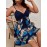 Plus Size Tropical Print Patchwork Cami Dress, Vacation Style Knot Front Sleeveless V Neck Dress For Spring & Summer, Women's Plus Size Clothing