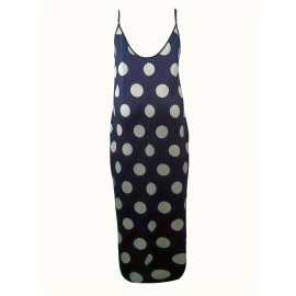 Plus Size Polka Dots Print Tank Dress, Elegant Sleeveless Slant Pockets Strap Dress For Spring & Summer, Women's Plus Size Clothing