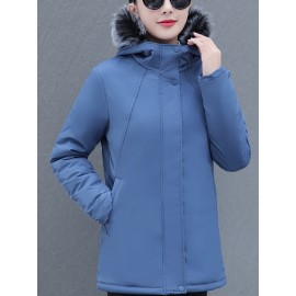 Women's Elegant Winter Coat - Thick Fleece-Lined, Hooded, Zip-Up Jacket in Solid Color