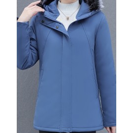 Women's Elegant Winter Coat - Thick Fleece-Lined, Hooded, Zip-Up Jacket in Solid Color