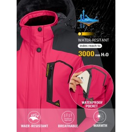 Large-size Women's Waterproof Soft-shell Ski Jacket with Fleece Lining, Hooded, Multiple Pockets, Warm, Comfortable, Bright Colors, Plus-size Coat for Outdoor Sports, Snowsports, Snowboarding, Hiking, Mountaineering, Camping, Daily Casual Work
