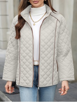 Women's Oversized Polyester Coat, Casual Hug Fit, Small Stand Collar, Long Sleeve, Zipper Closure, Autumn And Winter Warm Coat