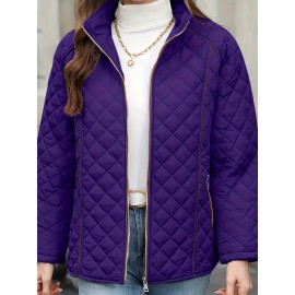 Women's Oversized Polyester Coat, Casual Hug Fit, Small Stand Collar, Long Sleeve, Zipper Closure, Autumn And Winter Warm Coat