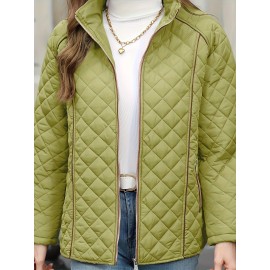 Women's Oversized Polyester Coat, Casual Hug Fit, Small Stand Collar, Long Sleeve, Zipper Closure, Autumn And Winter Warm Coat