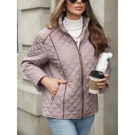 Women's Oversized Polyester Coat, Casual Hug Fit, Small Stand Collar, Long Sleeve, Zipper Closure, Autumn And Winter Warm Coat