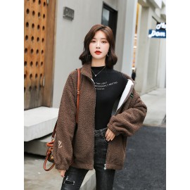 1pc Cozy Plus Size Women'S Casual Sherpa Jacket - Solid Color Polyester Knit Fabric with Slight Stretch, Stand Collar, Long Sleeve Zip-Up Top for Fall/Winter