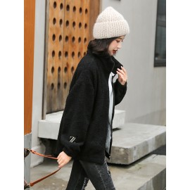 1pc Cozy Plus Size Women'S Casual Sherpa Jacket - Solid Color Polyester Knit Fabric with Slight Stretch, Stand Collar, Long Sleeve Zip-Up Top for Fall/Winter