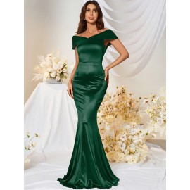 1pc MUXXN Elegant Satin Mermaid Gown for Women - Off the Shoulder Cap Sleeve Bodycon Floor-Length Dress, Solid Color Knit Fabric, All-Season Bodycon for Wedding Bridesmaid