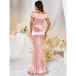 1pc MUXXN Elegant Satin Mermaid Gown for Women - Off the Shoulder Cap Sleeve Bodycon Floor-Length Dress, Solid Color Knit Fabric, All-Season Bodycon for Wedding Bridesmaid