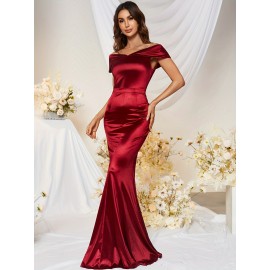1pc MUXXN Elegant Satin Mermaid Gown for Women - Off the Shoulder Cap Sleeve Bodycon Floor-Length Dress, Solid Color Knit Fabric, All-Season Bodycon for Wedding Bridesmaid