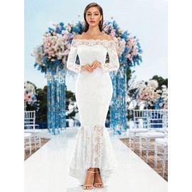 Elegant Off-Shoulder Lace Mermaid Dress for Women - Long Sleeve, Bodycon Fit with Fish Tail Hem, Perfect for Parties & Bridesmaids