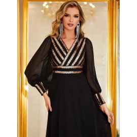 Elegant V-Neck Long Sleeve Dress with Sequin Detail - Polyester & Elastane Blend, Perfect for Parties & Banquets