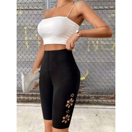 High Waist Skinny Stretchy Shorts, Floral Hollow Out Casual Solid Color Shorts For Spring & Summer, Women's Clothing