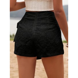 Womens Elegant High Waist Solid Color Eyelet Wrap Tie Skort - Lace Up, Micro Elastic Polyester Fabric, No Printing, Woven, Summer Vacation Style - Comfortable and Chic Short Skort for Women