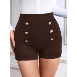 High Waist Womens Shorts - Fashionable Solid Color with Eye-Catching Buttons - Comfy Casual Style for Everyday Wear - A Trendy Closet Essential