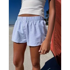 Stripe Print Elastic Waist Shorts, Casual Button Decor Shorts For Summer & Spring, Women's Clothing